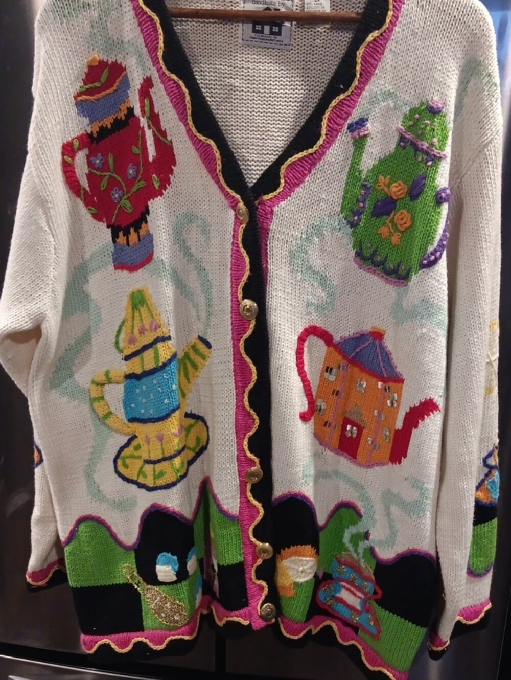 Storybook Knits Cream Cardigan with Multicolor Teapot Embroidery